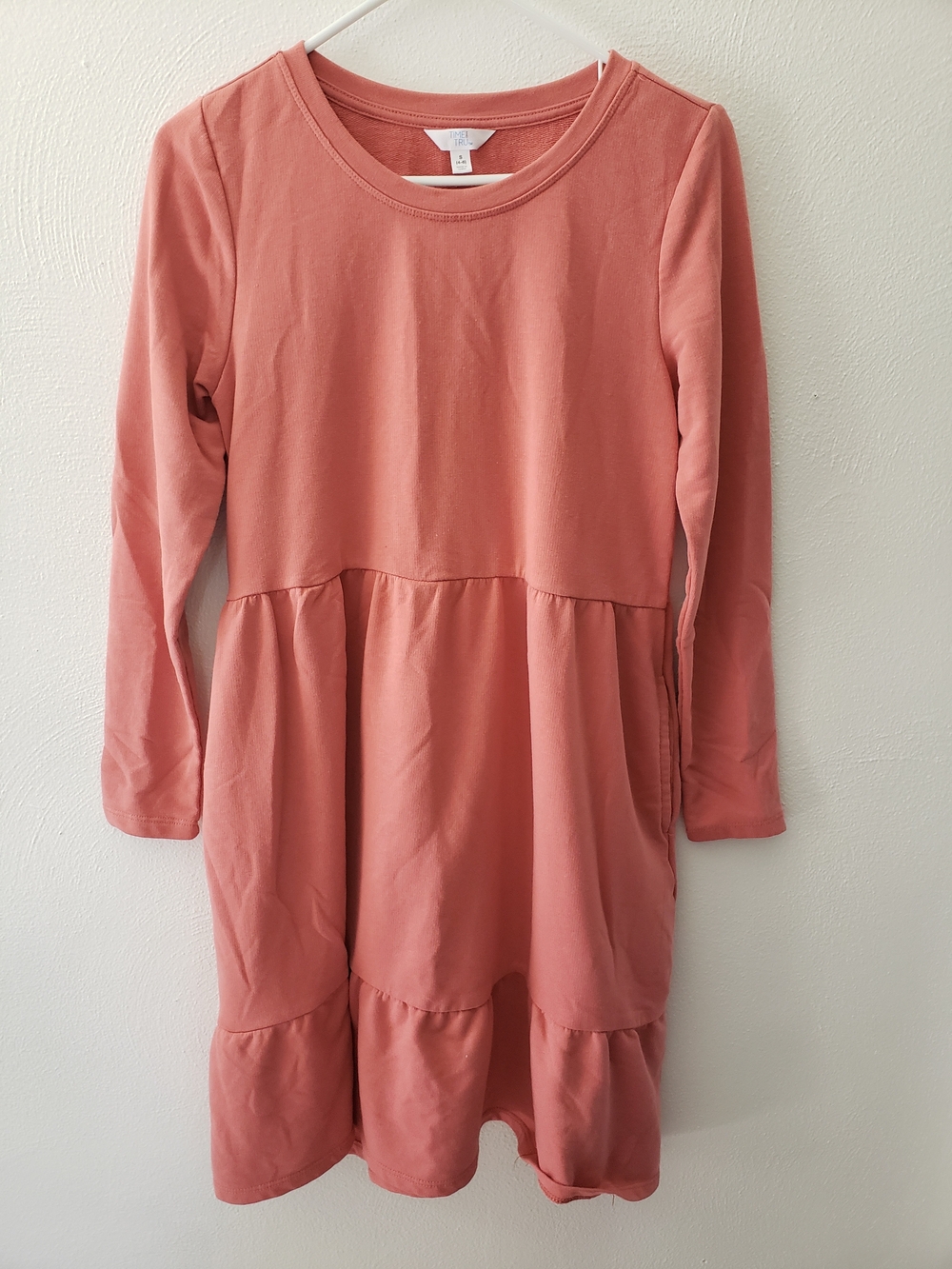 Time and Tru Long-Sleeve Tiered Sweatshirt Dress in Coral